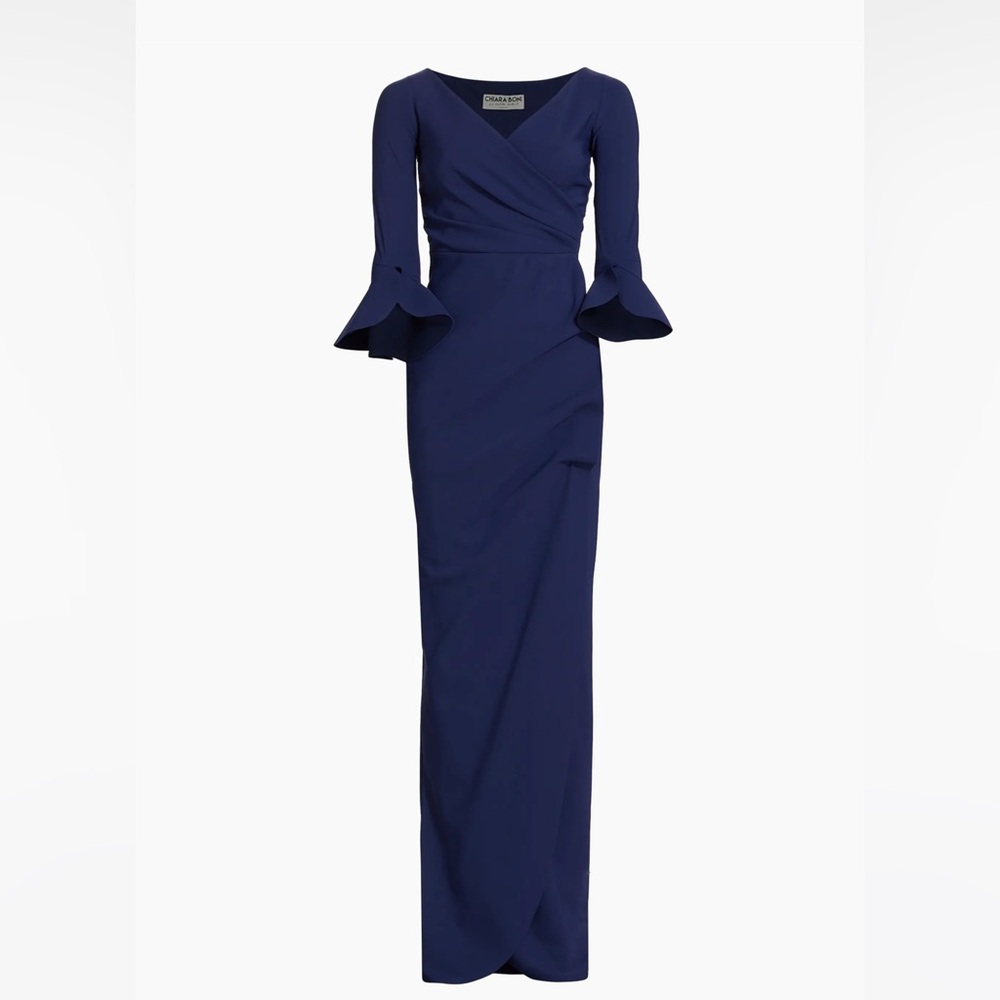 Chiara Boni Blue Off the Shoulder Flutter Sleeve Gown